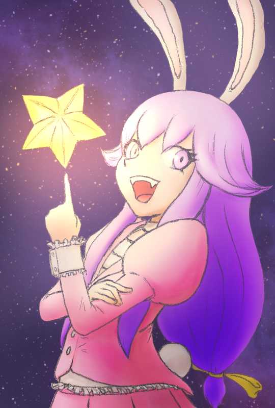 Mikapyon fanart, old design outfit pointing at a huge shining star with starry night sky background. Digital color illustration.