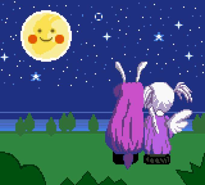 Pixelart version of the mikapyon ending scene. View of Mika leaning on Aki from behind, looking at the smiling moon together.