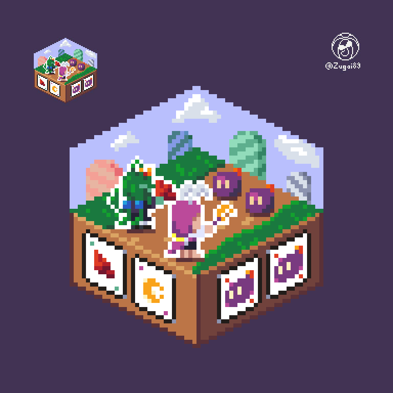 Pixelart of Phylla and Mika in an isometric RPG scene for cubecollab.