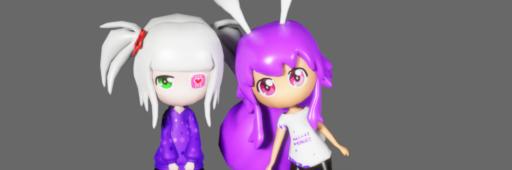 Mika and Aki as chibi characters in 3D.