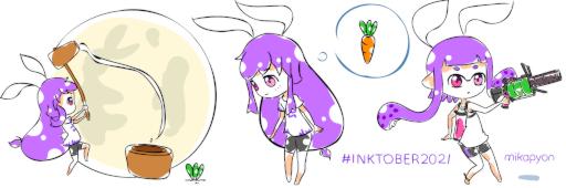 Chibi Mika inktober doodle samples. (Making rice cake, Carrot, Splatoon 2 cosplay)