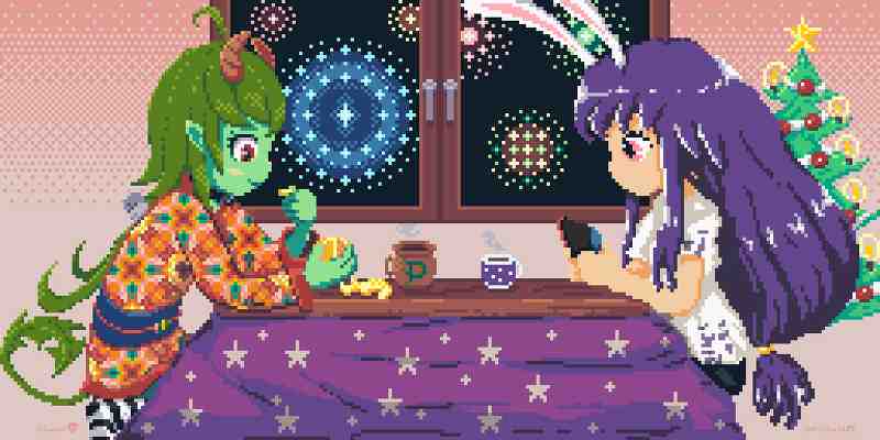 Pixelart of Phylla and Mika sitting at xmas table with new year fireworks outside.