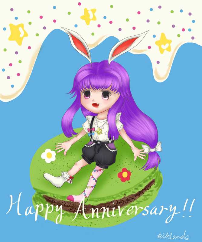Happy Anniversary Mika with unique outfit sitting on a huge madeleine cake, digital color illustration.