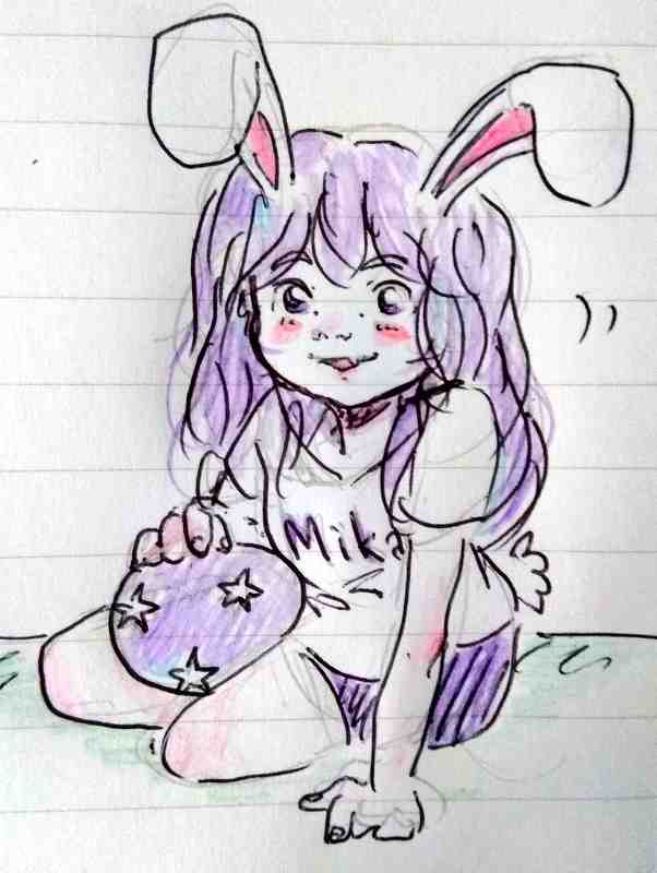 Mikapyon sitting with easter egg. Color pen on paper.