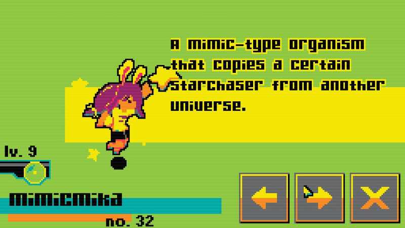 Mikapyon cameo pixelart in MonsterTyper: Monster dictionary screen with description.