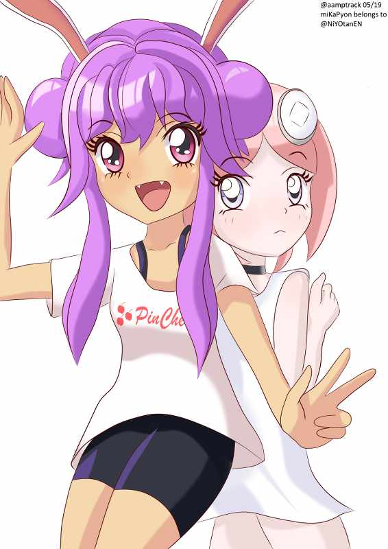 Mikapyon with double bun odango hair and PinCherry shirt, together with Iris from LegacySisters. Digital color illustration.