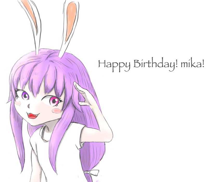 Happy Birthday mika! Smiling Mika with roger pose, digital color illustration.