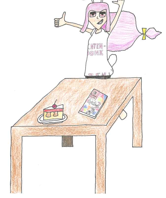 Mikapyon fanart in Dissy style, in front of a table with cake and Splatoon 2. Color pen on paper.
