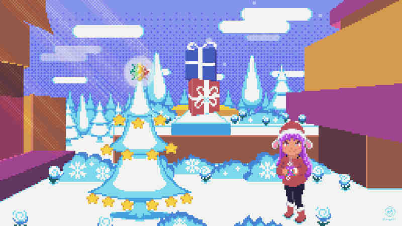 mikapyon gameplay scene remake in pixelart as xmas version with snow, tree, presents and santa outfit.