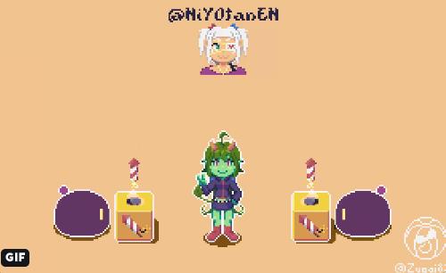 Pixelart of Aki and Phylla with fireworks and blob characters for FollowFriday.